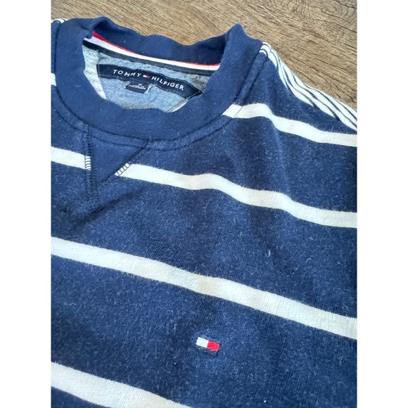 Tommy Hilfiger Mens Navy Blue White Striped Crewneck Sweatshirt Size M - Picture 2 of 5